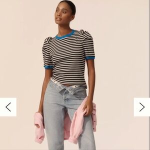 Striped Black and White Top with Blue Accents